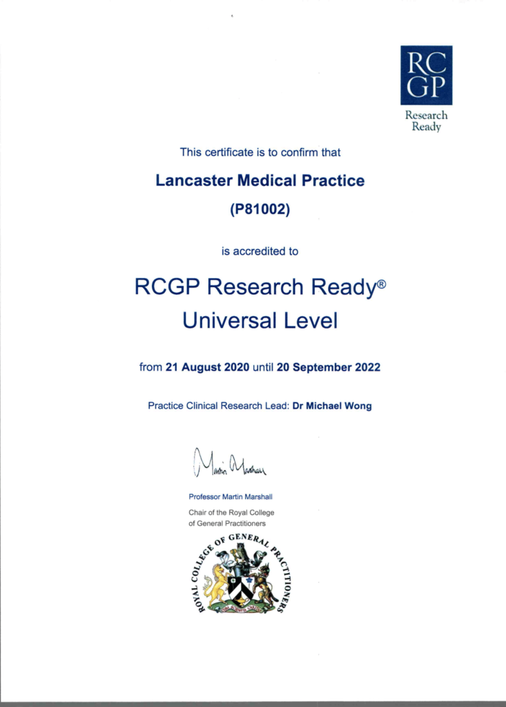 RCGP Research Ready certificate for Lancaster Medical Practice 